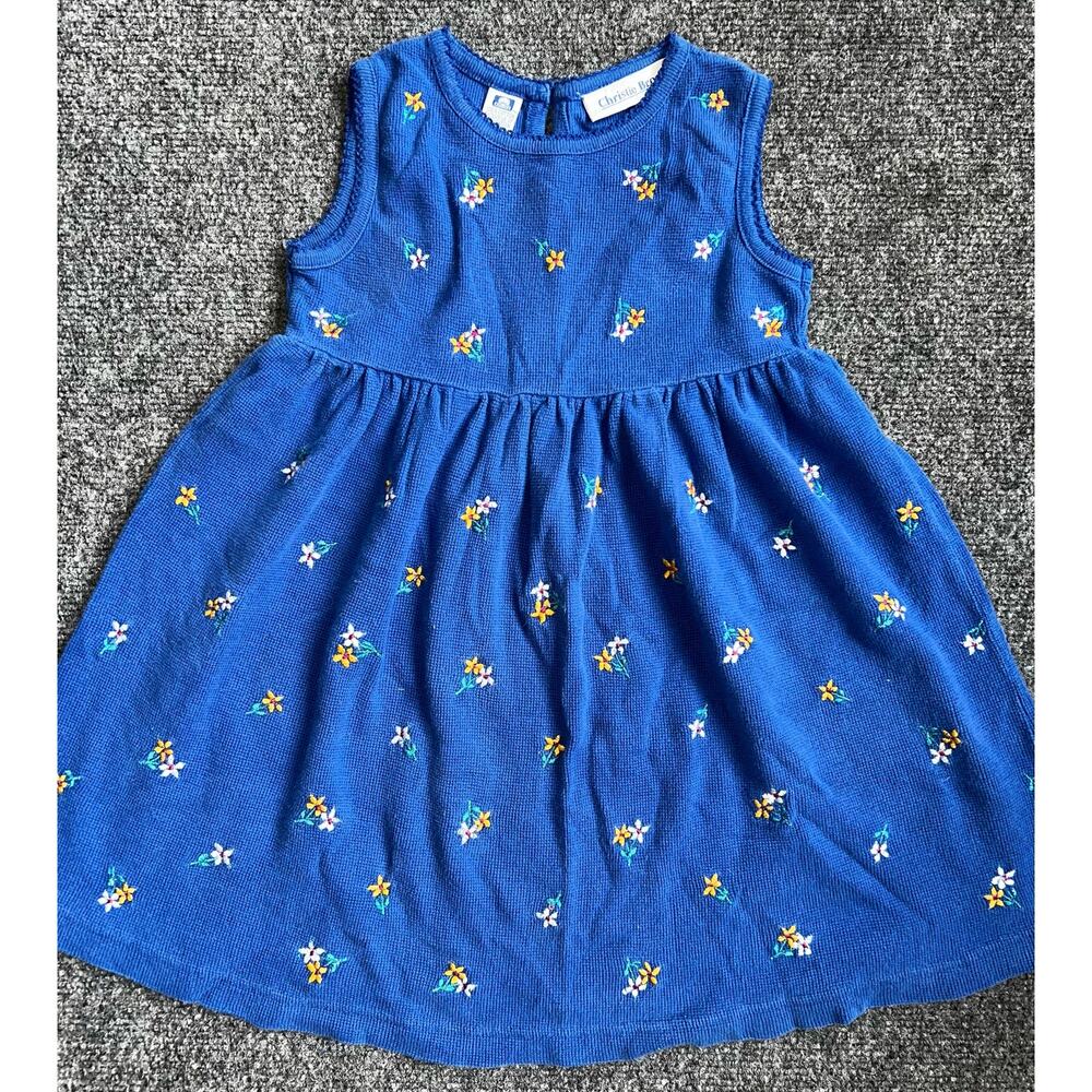 Vintage Christie Brooks Blue embroidered floral sleeveless girls summer dress.